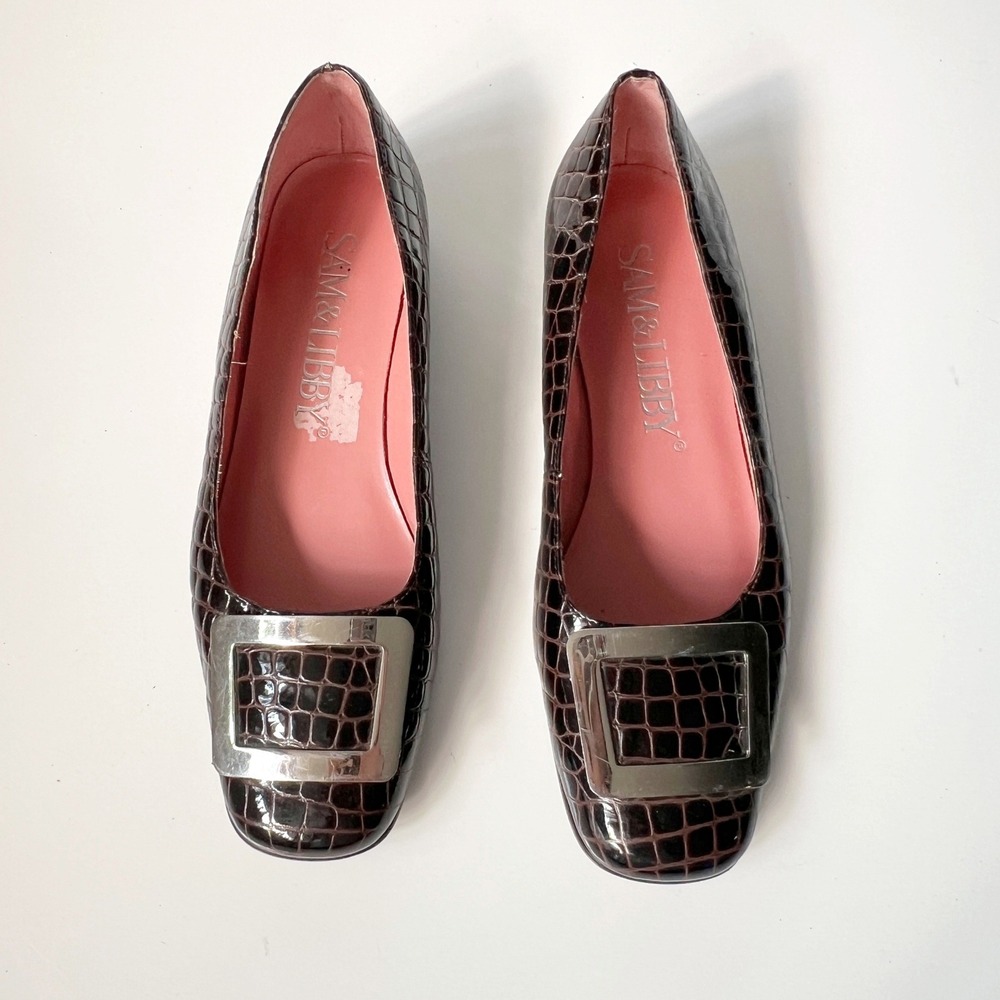 Vintage Sam & Libby Flats 8 Brown Croc Embossed Patent Leather Mary Janes 90s